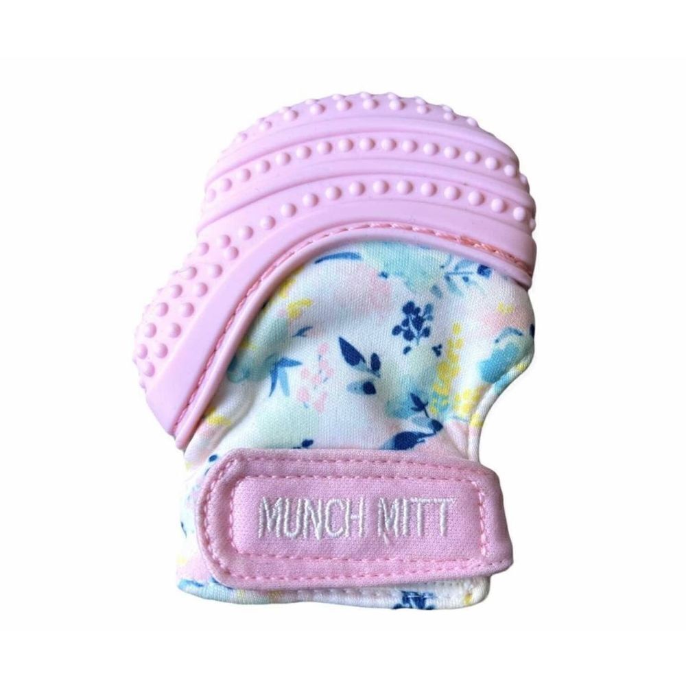 Baby Girls Munch Mitt Sensory Teething Easy On Mitten in Pink Floral Pattern